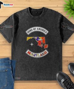 Official Son of America Maryland Map Sports Logos Combine Washed T-Shirt featuring vibrant state-themed graphics.