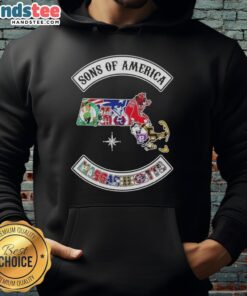 Official Son of America Massachusetts map hoodie featuring sports logos, perfect for fans and casual wear.