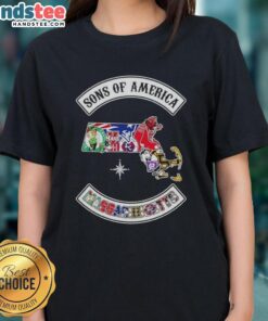 Alt Text: Official Son of America Massachusetts map with sports logos on a ladies tee shirt, showcasing local pride.