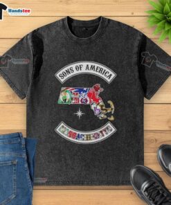 Official Son of America Massachusetts map sports logos combine washed t-shirt showcasing local pride and style.