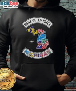 Alt Text: Official Son of America Michigan Map Sports Logos Combine Hoodie showcasing vibrant Michigan-themed designs.