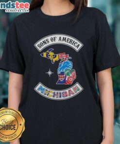 Official Son of America Michigan map sports logos combine ladies tee showcasing vibrant designs and state pride.