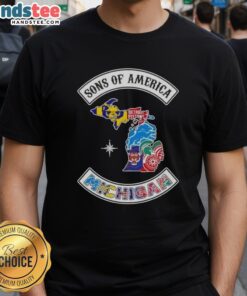 Alt Text: Official Son Of America Michigan Map Sports Logos Combine T-Shirt showcasing vibrant graphics and state pride.