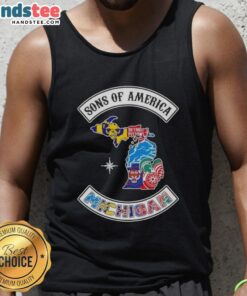 Official Son of America Michigan map tank top featuring sports logos, perfect for fans of Michigan pride and style.