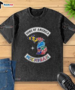 Official Son of America Michigan Map Sports Logos Combine Washed T-Shirt featuring vibrant graphics and a comfortable fit.