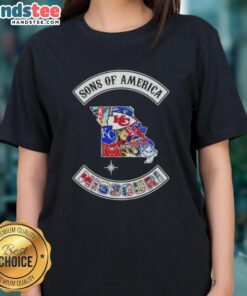 Alt Text: Official Son of America Missouri map with sports logos on a ladies tee, perfect for sports fans and Missouri pride.