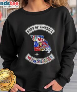 Official Son of America Missouri map sports logos combine sweatshirt design featuring unique graphics and vibrant colors.