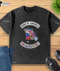 Official Son of America Missouri map sports logos combine washed t-shirt showcasing state pride and team spirit.