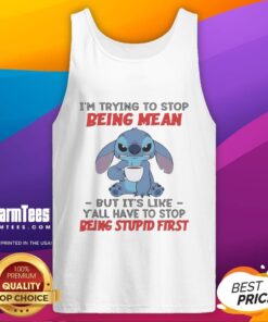 Official Stitch tank top featuring 'I'm trying to stop being mean' design, perfect for fans of Disney and humorous apparel.