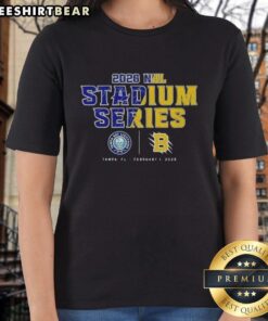 Official Tampa Bay Lightning vs Boston Bruins NHL 2026 Stadium Series match-up ladies tee, featuring team logos and vibrant design.