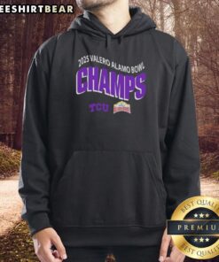 Alt Text: TCU Horned Frogs Football 2025 Valero Alamo Bowl Champions hoodie, celebrating victory on December 30 in San Antonio, TX.