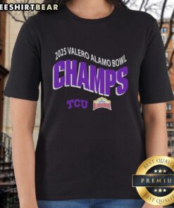 TCU Horned Frogs Football 2025 Valero Alamo Bowl Champions Ladies Tee, December 30, San Antonio, TX.