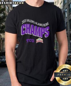 Alt Text: TCU Horned Frogs Football 2025 Valero Alamo Bowl Champions T-Shirt, celebrating the December 30 victory in San Antonio, TX.