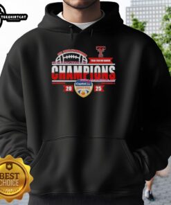 Official Texas Tech Red Raiders 2026 Capital One Orange Bowl Champions hoodie displayed in a vibrant locker room setting.