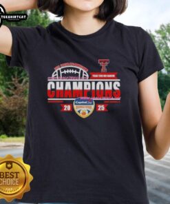 Alt Text: 2026 Capital One Orange Bowl Champions Texas Tech Red Raiders ladies tee in locker room display.