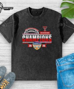 Alt Text: Official Texas Tech Red Raiders 2026 Capital One Orange Bowl Champions locker room washed t-shirt, celebrating victory.