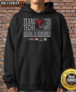 Alt Text: Official Texas Tech Red Raiders helmet featured on a 2025 championship hoodie, celebrating a memorable playoff season.