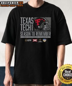 Official Texas Tech Red Raiders helmet featured on 2025 championship playoff season t-shirt, celebrating team spirit.