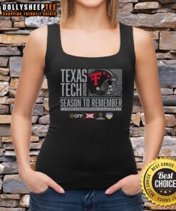 Alt Text: Official Texas Tech Red Raiders helmet featured on a 2025 championship tank top, celebrating a memorable playoff season.