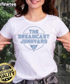 Official The Dreamcast Junkyard 20 Years logo on a stylish ladies tee, celebrating two decades of gaming nostalgia.