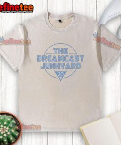 Alt Text: Official The Dreamcast Junkyard 20 Years logo on a washed t-shirt, celebrating retro gaming nostalgia.