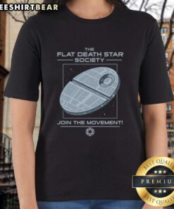 Flat Empire ladies tee featuring the Flat Death Star Society design; join the movement in style and comfort.