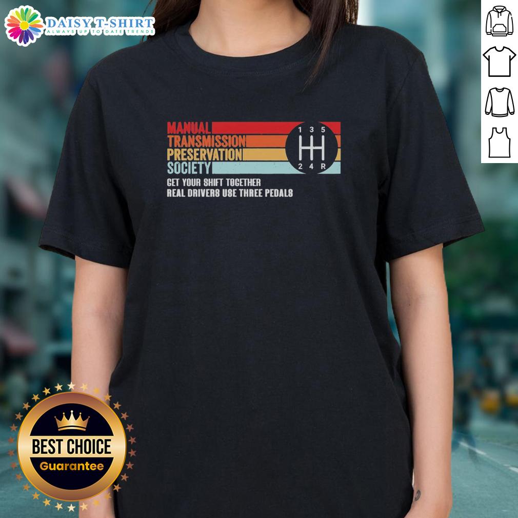 Official The Manual Transmission Preservation Society Ladies Tee Alt Text: Official Manual Transmission Preservation Society Ladies Tee featuring a stylish design for car enthusiasts.