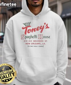 Alt Text: Vintage hoodie featuring the Official Toney's Spaghetti House logo, a classic New Orleans restaurant in the Vieux Carr.