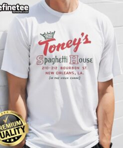 Vintage Toney's Spaghetti House T-Shirt showcasing New Orleans restaurant in Vieux Carre, Los Angeles style.
