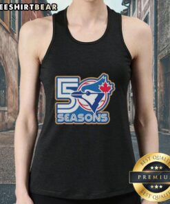 Official Toronto Blue Jays 50 Seasons Logo Tank Top featuring the team's iconic logo and vibrant colors.