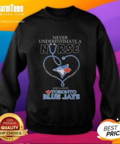 Official Toronto Blue Jays sweatshirt featuring 'Never Underestimate A Nurse Who Understands Baseball' design.