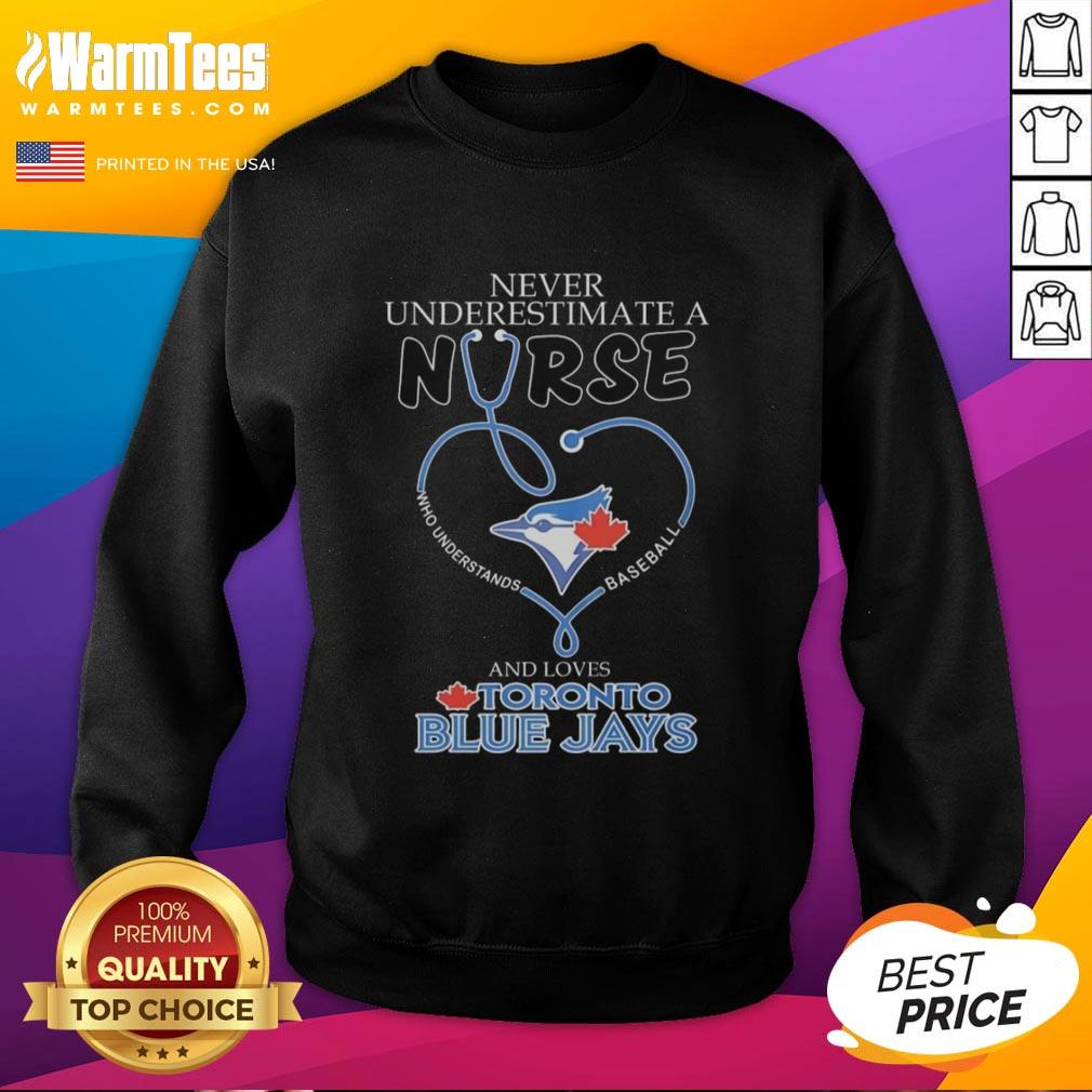 official-toronto-blue-jays-never-underestimate-a-nurse-who-understands-baseball-and-loves-sweatshirt Official Toronto Blue Jays sweatshirt featuring 'Never Underestimate A Nurse Who Understands Baseball' design.