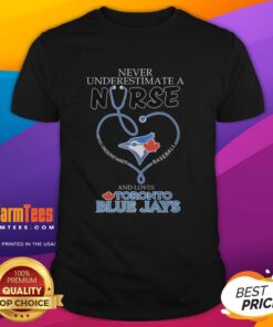 Alt Text: Official Toronto Blue Jays t-shirt featuring 'Never Underestimate A Nurse Who Understands Baseball And Loves' slogan.