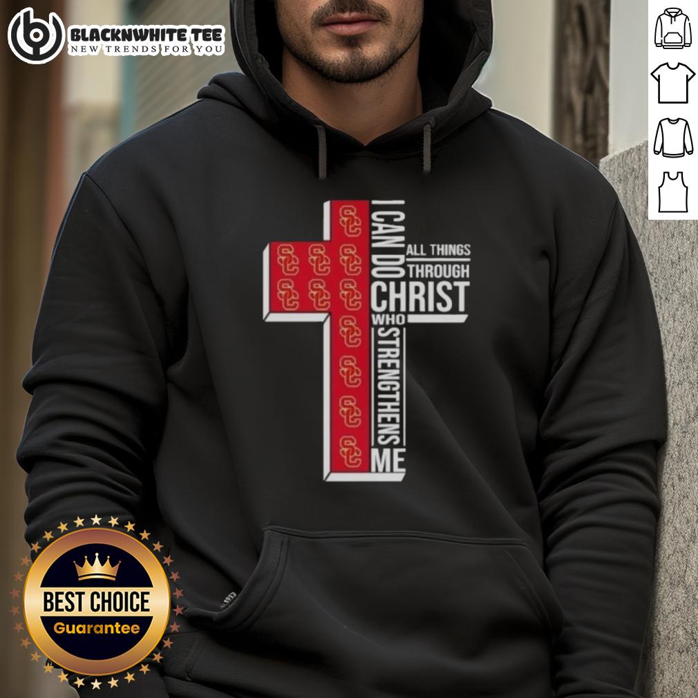 Official USC Trojans Women's Basketball Cross I Can Do All Things Through Christ Who Strengthens Me Hoodie Alt Text: Official USC Trojans women's basketball hoodie featuring I Can Do All Things Through Christ Who Strengthens Me design.