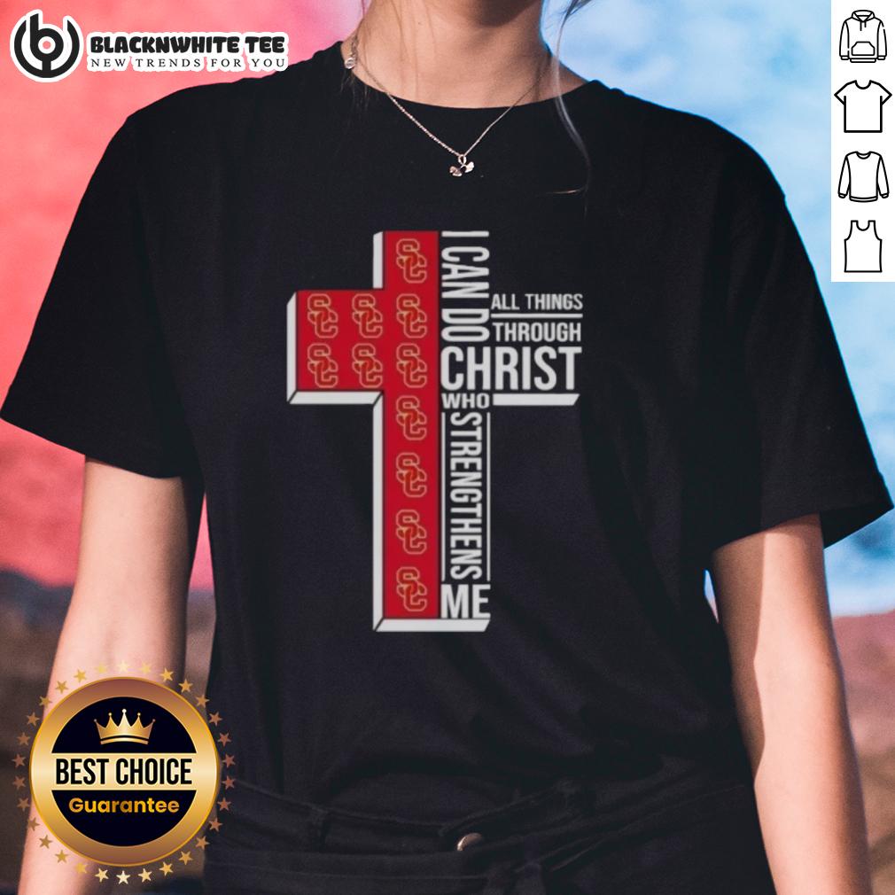 Official USC Trojans Women's Basketball Cross I Can Do All Things Through Christ Who Strengthens Me Ladies-Tee USC Trojans women's basketball tee featuring 'I Can Do All Things Through Christ' inspirational quote.