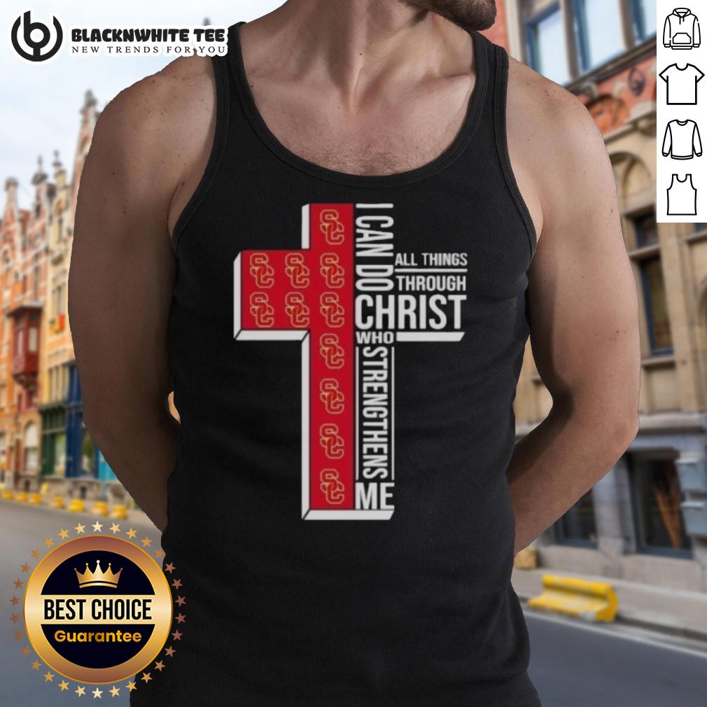 Official USC Trojans Women's Basketball Cross I Can Do All Things Through Christ Who Strengthens Me Tank Top USC Trojans women's basketball tank top featuring 'I Can Do All Things Through Christ Who Strengthens Me' design.