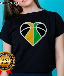 Official Utah Jazz Basketball Heart Logo on a stylish ladies tee, perfect for fans showing team spirit and love for the game.