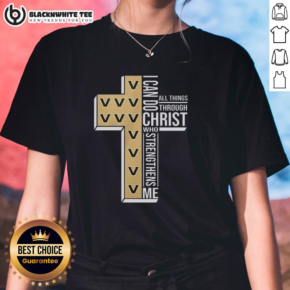 Official Vanderbilt Commodores I Can Do All Things Through Christ Who Strengthens Me Christian Ladies-Tee Official Vanderbilt Commodores tee featuring 'I Can Do All Things Through Christ Who Strengthens Me' design for ladies.