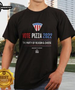 Alt Text: Official Vote Pizza 2022 T-Shirt featuring 'The Party Of Reason And Cheese' slogan in vibrant colors.
