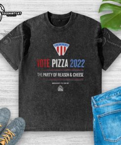 Official Vote Pizza 2022 t-shirt featuring 'The Party Of Reason And Cheese' slogan in vibrant colors.