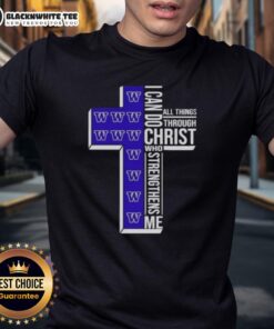Alt Text: Official Washington Huskies Womens Basketball 'I Can Do All Things Through Christ' T-Shirt in purple and gold.
