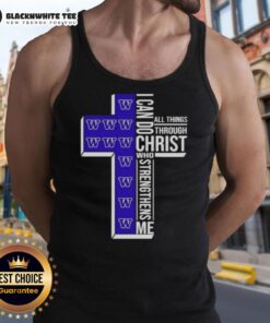 Official Washington Huskies women's basketball tank top featuring 'I Can Do All Things Through Christ' design.