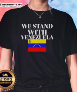 Alt Text: Official We Stand With Venezuela Flag Ladies Tee featuring vibrant flag design, perfect for showing solidarity.