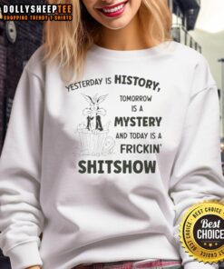 Alt Text: Wile E. Coyote sweatshirt featuring Yesterday is History, Tomorrow a Mystery, Today a Shitshow quote from Looney Tunes.