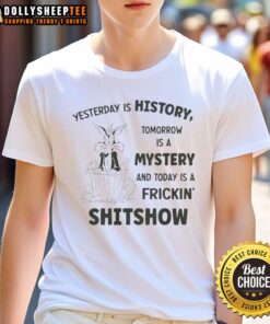 Alt Text: Official Wile E. Coyote Looney Tunes t-shirt featuring Yesterday Is History, Tomorrow A Mystery, Today A Shitshow design.