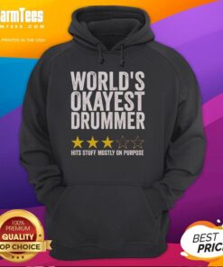 Official World's Okayest Drummer Hits Stuff Mostly On Purpose Hoodie in black, featuring a humorous drum-themed design.