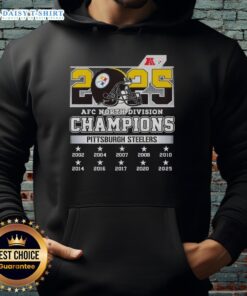 Alt Text: Pittsburgh Steelers hoodie celebrating the 2025 AFC North Division Champions title, featuring bold team colors and logo.