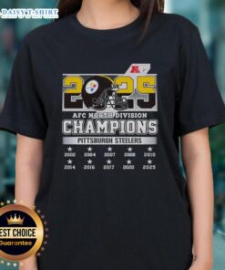 Pittsburgh Steelers Ladies Tee celebrating the 2025 AFC North Division Champions, featuring team colors and logo.