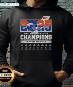 Alt Text: Denver Broncos hoodie celebrating the 2025 AFC West Division Champions, featuring team colors and logo.