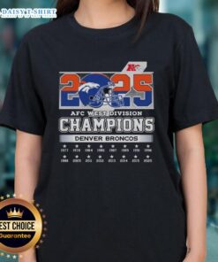 Denver Broncos Ladies Tee celebrating the 2025 AFC West Division Champions, featuring vibrant team colors and logo.